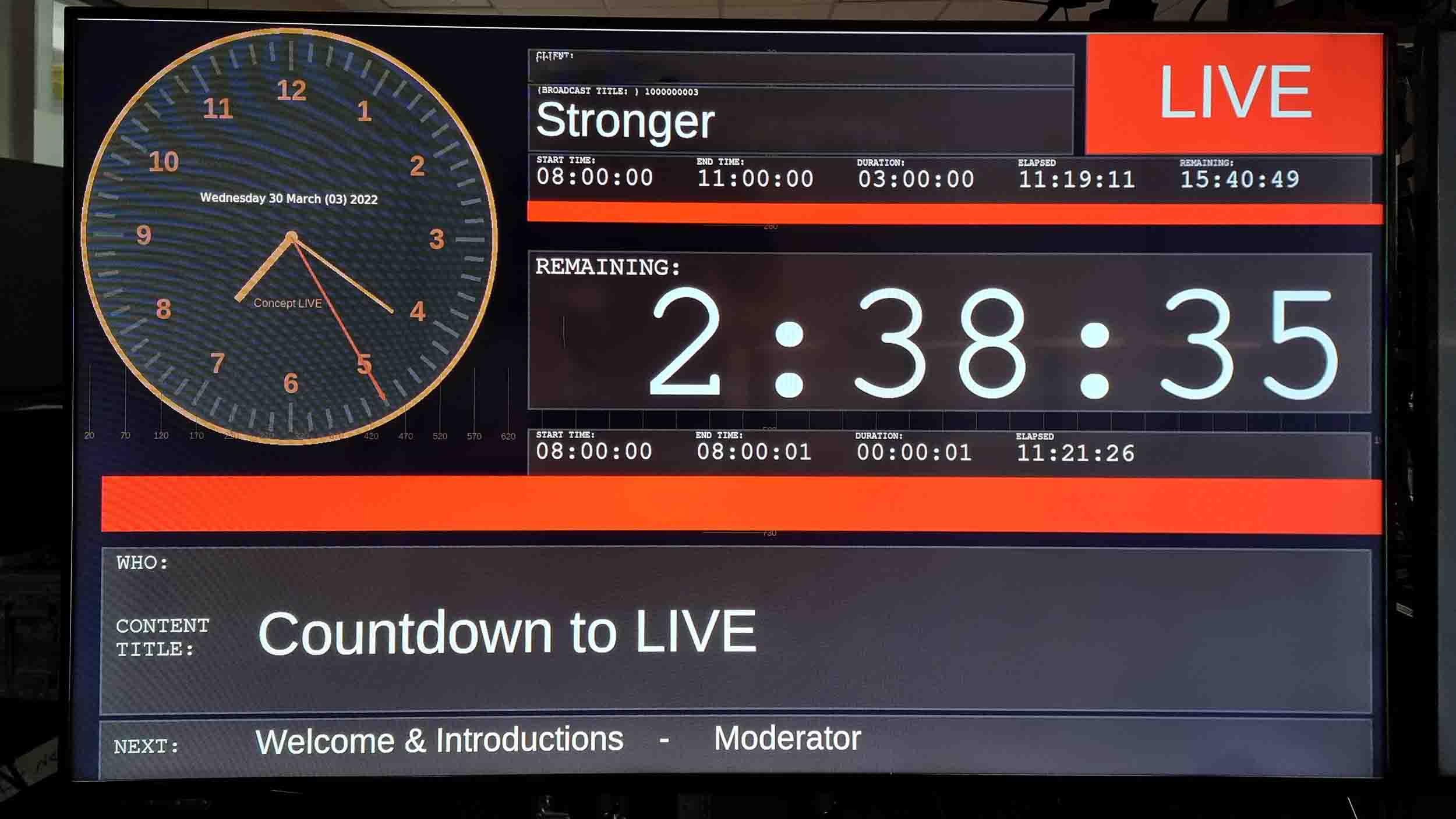 Concept LIVE Presenter Clock displaying countdown timer and visual percentage bar for business live streaming