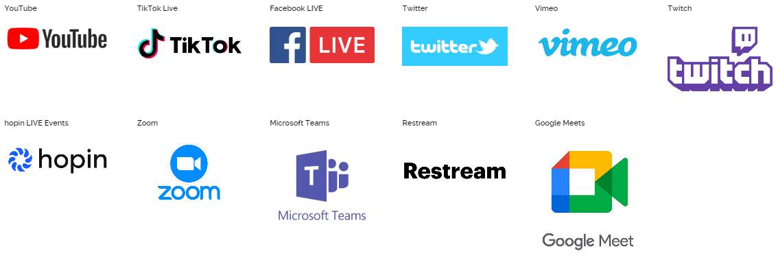 Streaming platforms supported by Concept LIVE — YouTube, Vimeo, Facebook, LinkedIn, Zoom, Teams and more